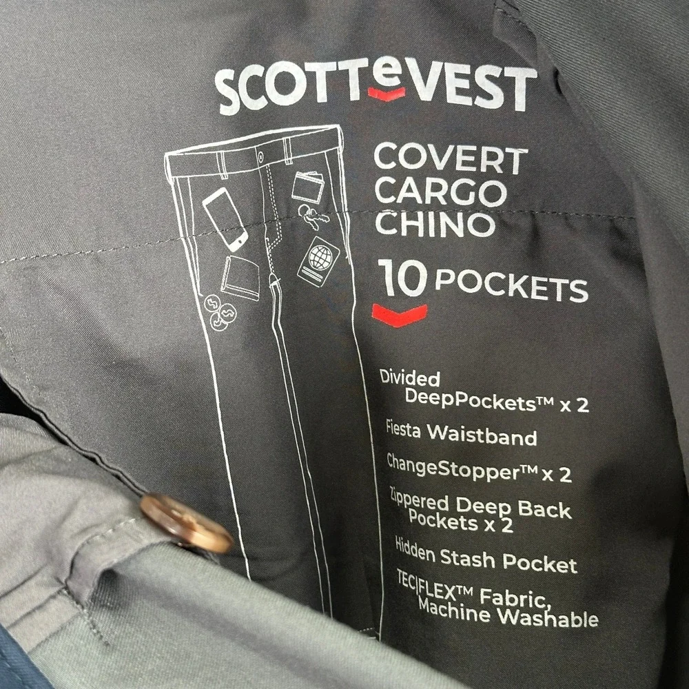 SCOTTeVEST Covert Cargo Chino Pants Mens 46x25 Gray Travel Techwear Utility
